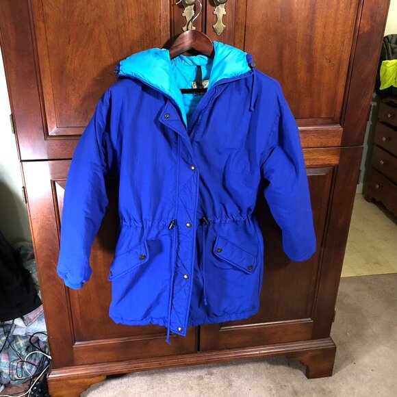 L.L. Bean Women's Down Coat Large? Hooded Winter Jacket Blue Nylon Coat - Picture 13 of 16